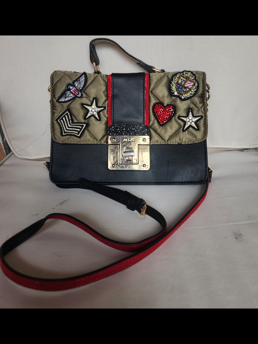 Aldo Military  Embellished Olive & Black Quilted Crossbody Bag with Red Accent